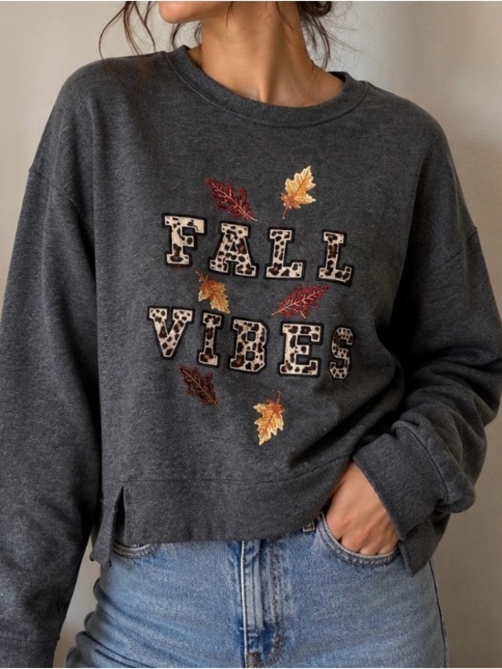 Chenault Tops - Fall Vibes Top Sweatshirt Leave Grandma Embroidered Shirt Autumn Leopard Cheetah